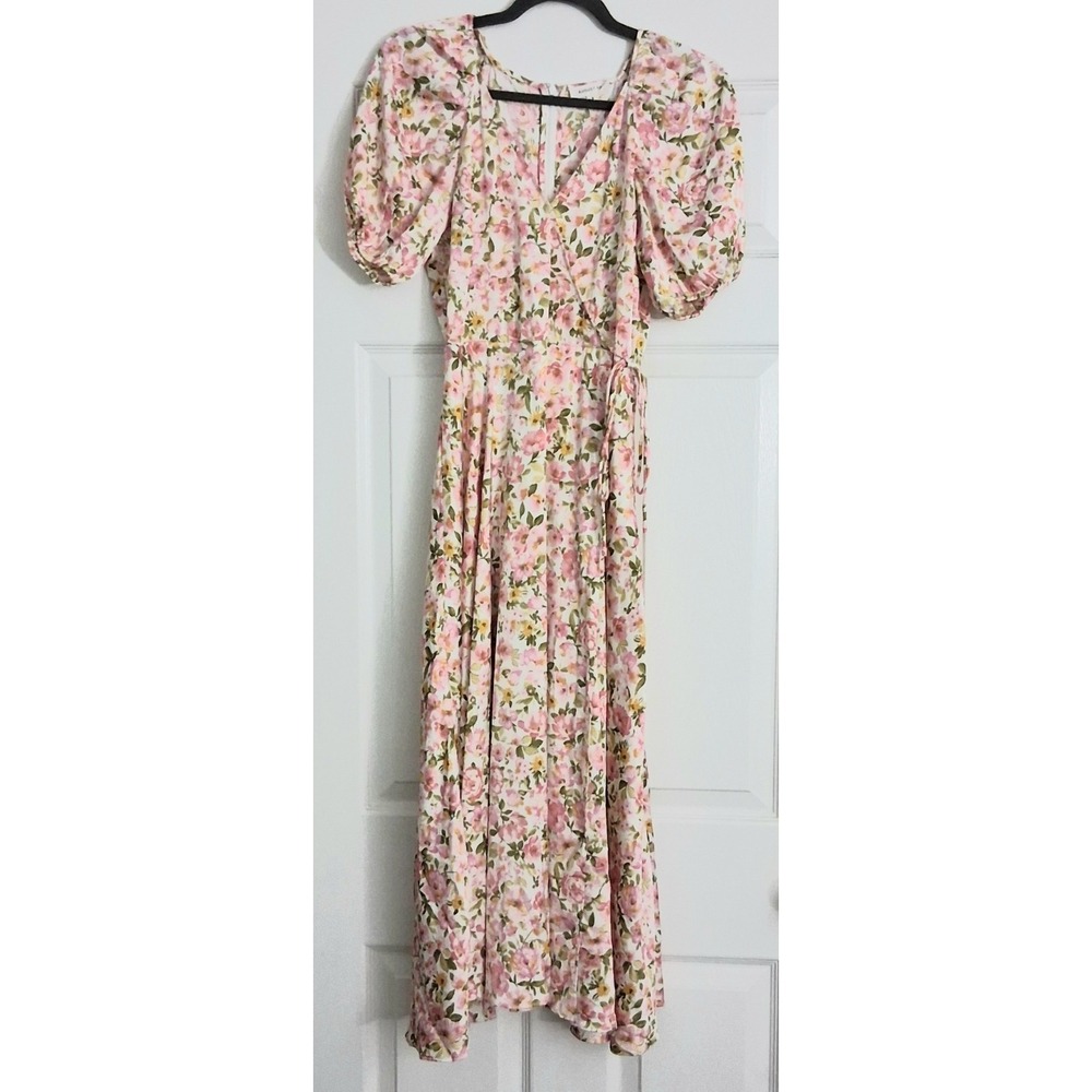 August Sky Midi Dress Women's Size Small Wrap Tie White Floral Cottagecore